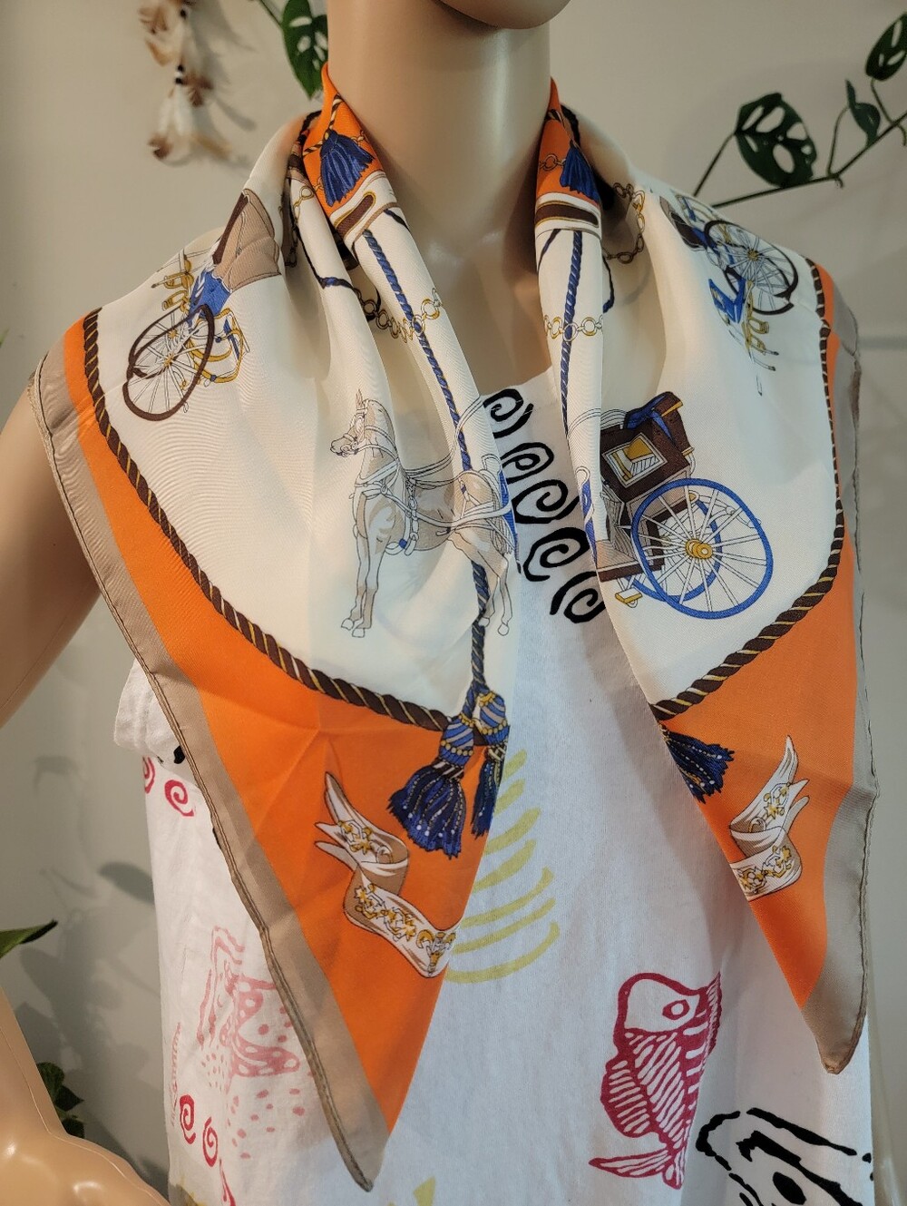 Orange & White With Horse Design Scarf - Stylish Accessory